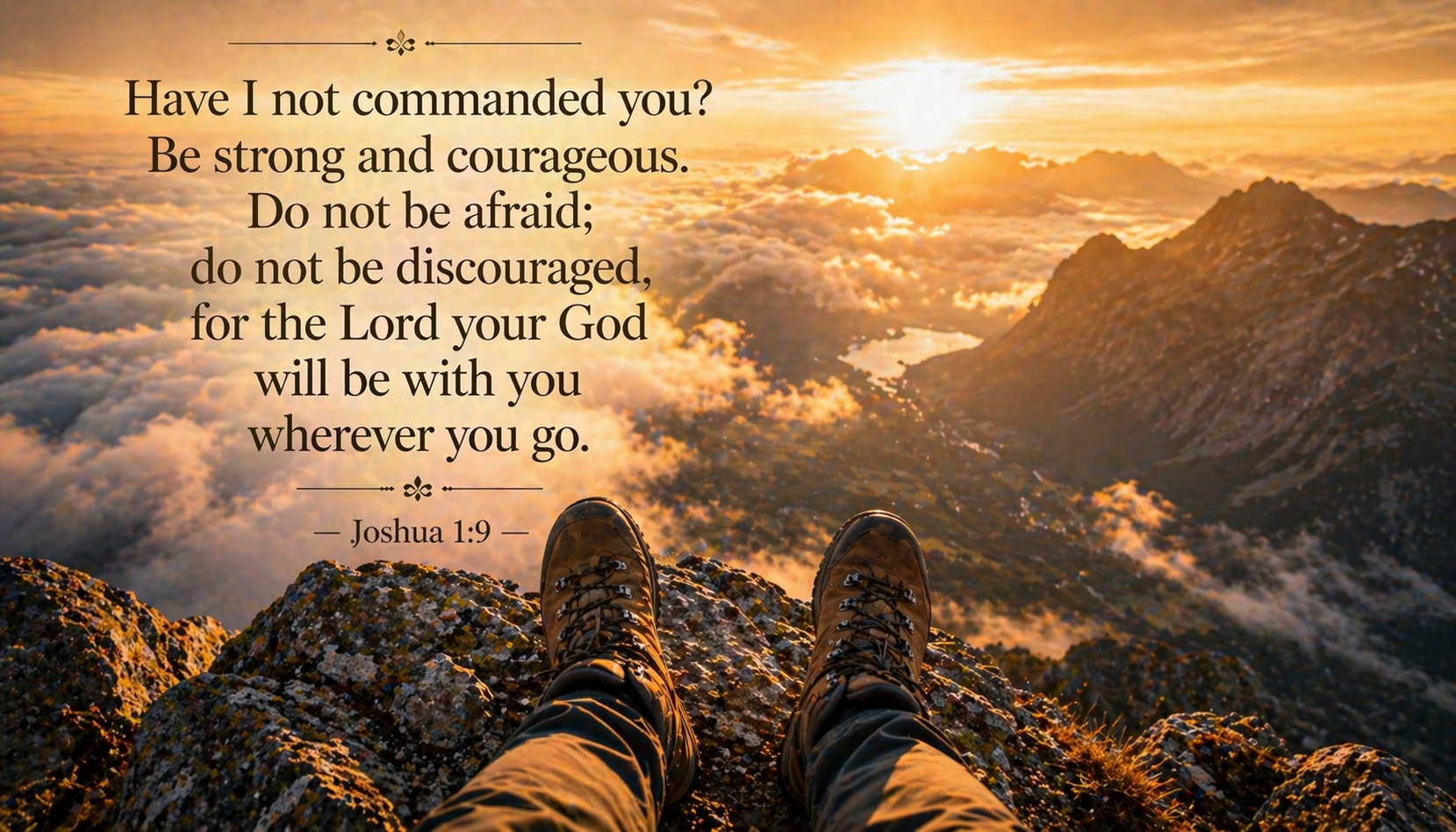 Rugged hiking boots planted firmly on rocky summit POV looking down at clouds below vast valley sunrise behind -- Joshua 1:9 wallpaper